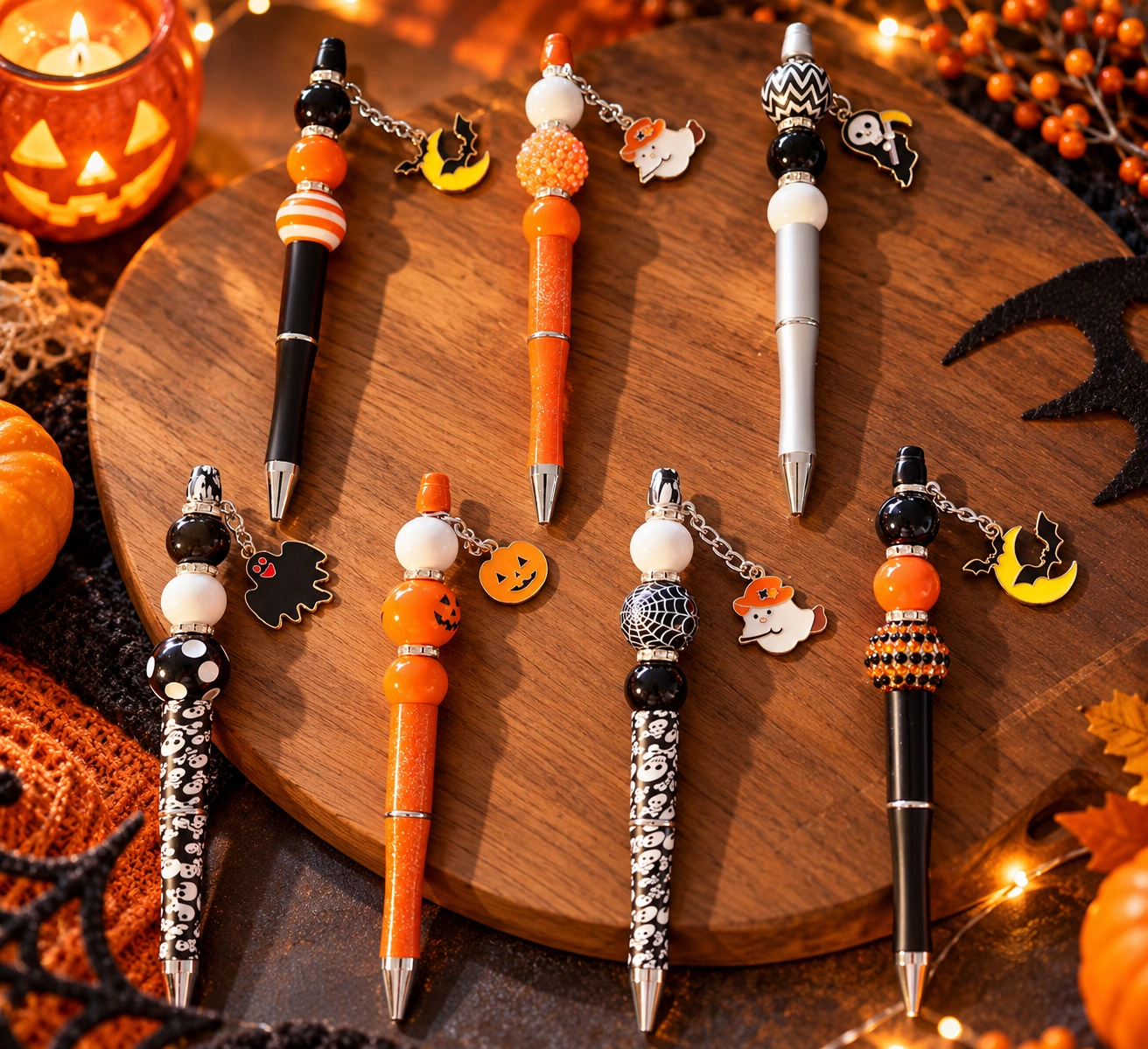 Zeven handgemaakte Halloween kralenpennen in oranje, zwart en wit