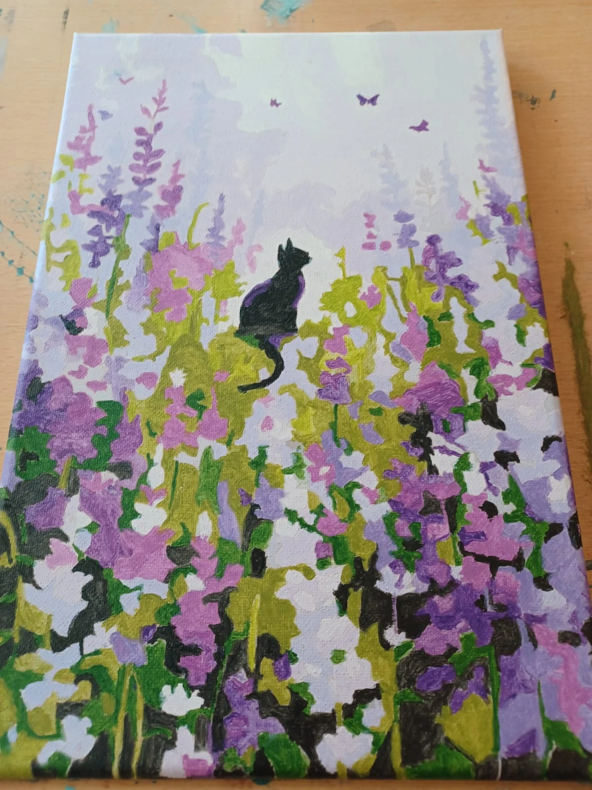 Kat in bloemenveld — Handgeschilderd canvas