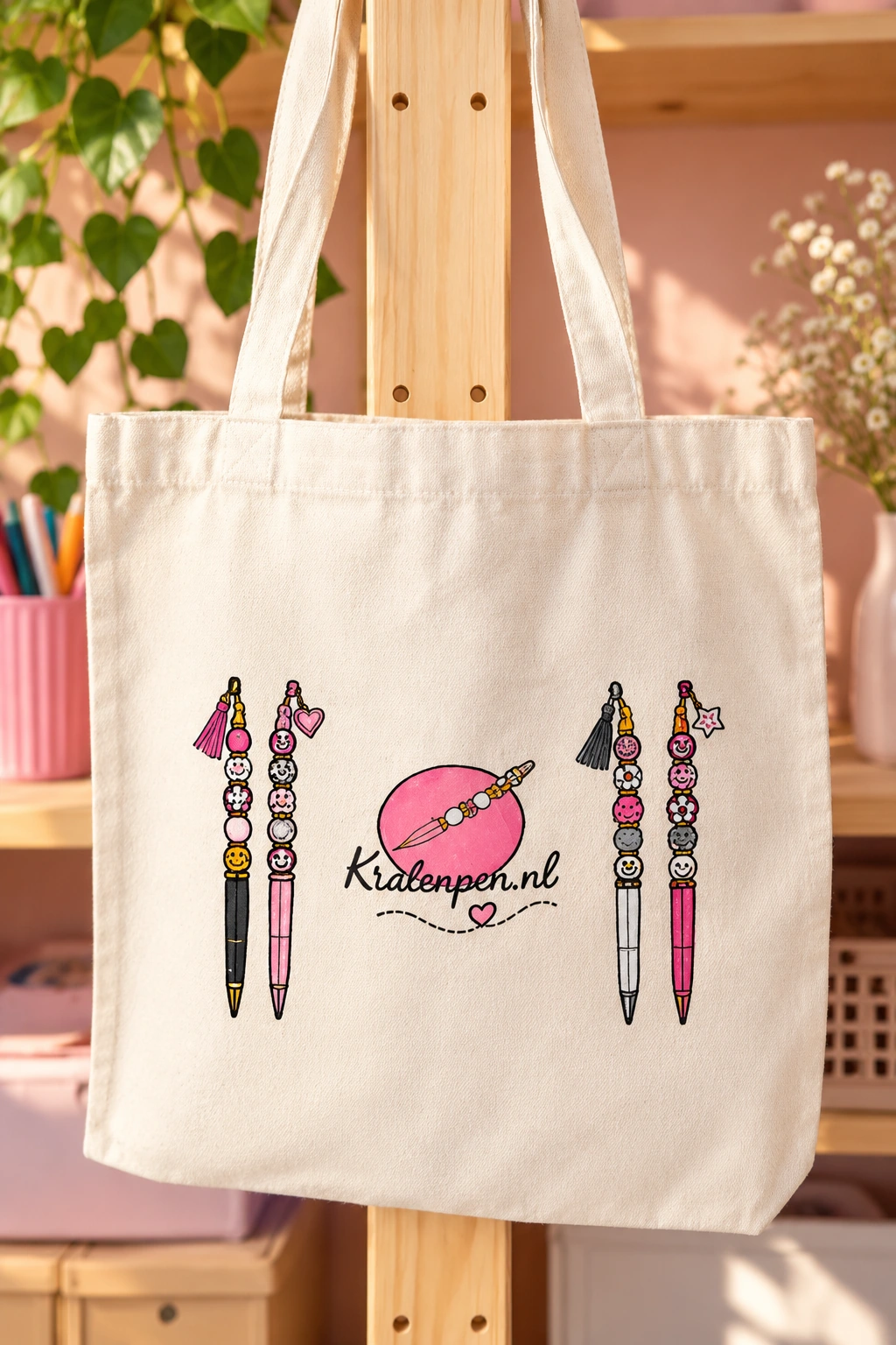Handbeschilderde linnen tas voor Kralenpen.nl