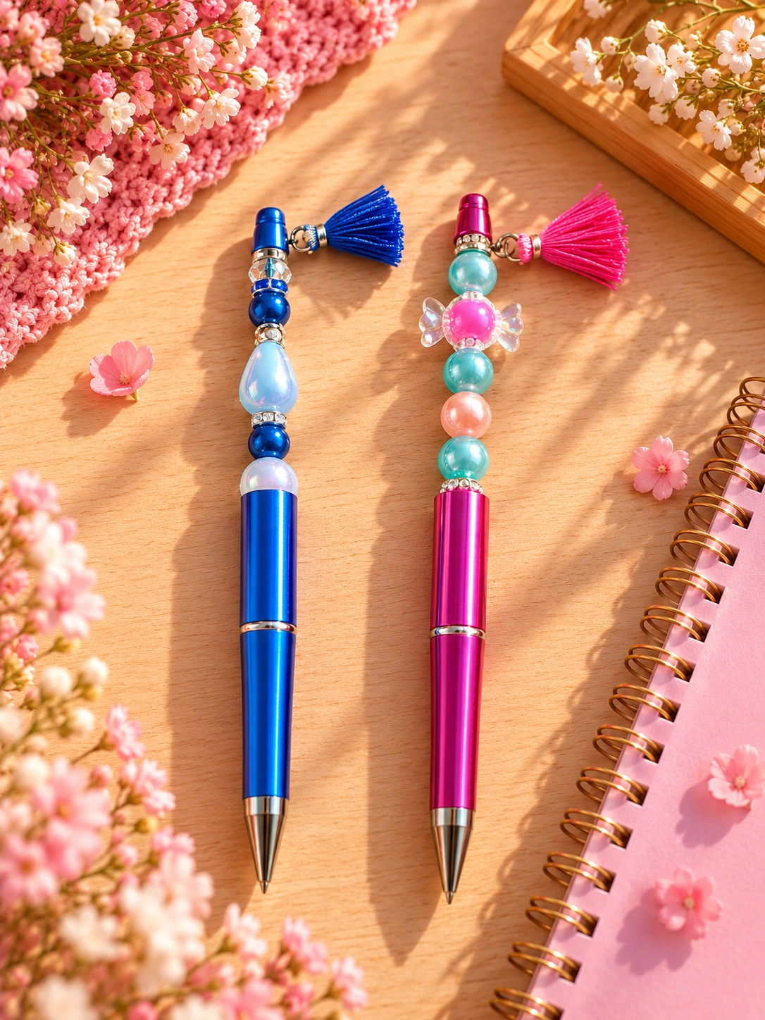 Blauwe en roze kralenpennen met kwastjes
