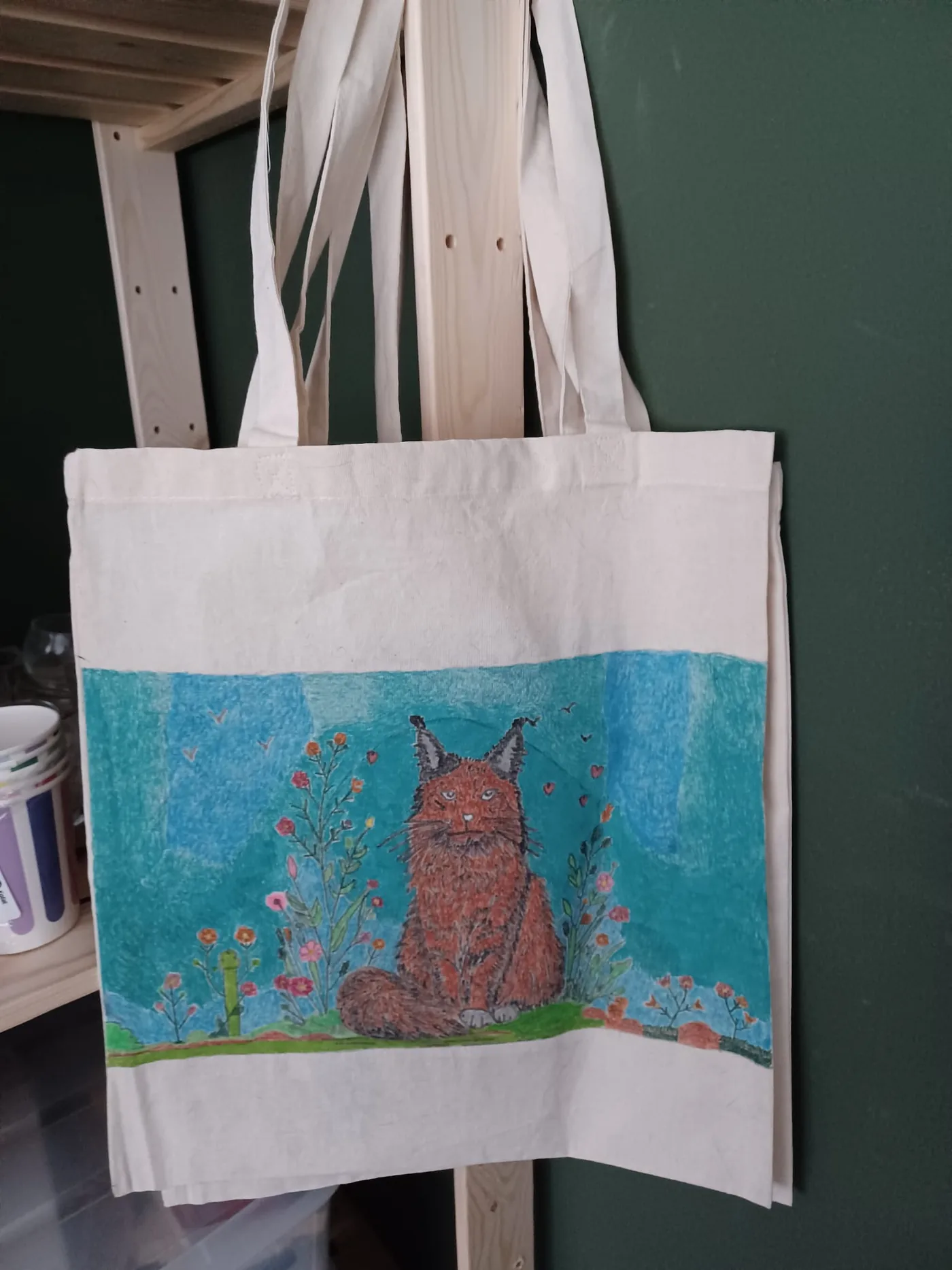 Lynx in bloemen — Handbeschilderde linnen tas