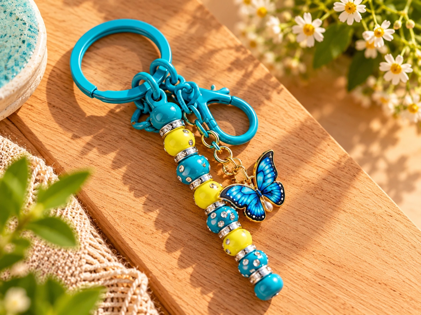 Turquoise handgemaakte sleutelhanger aan een deurklink