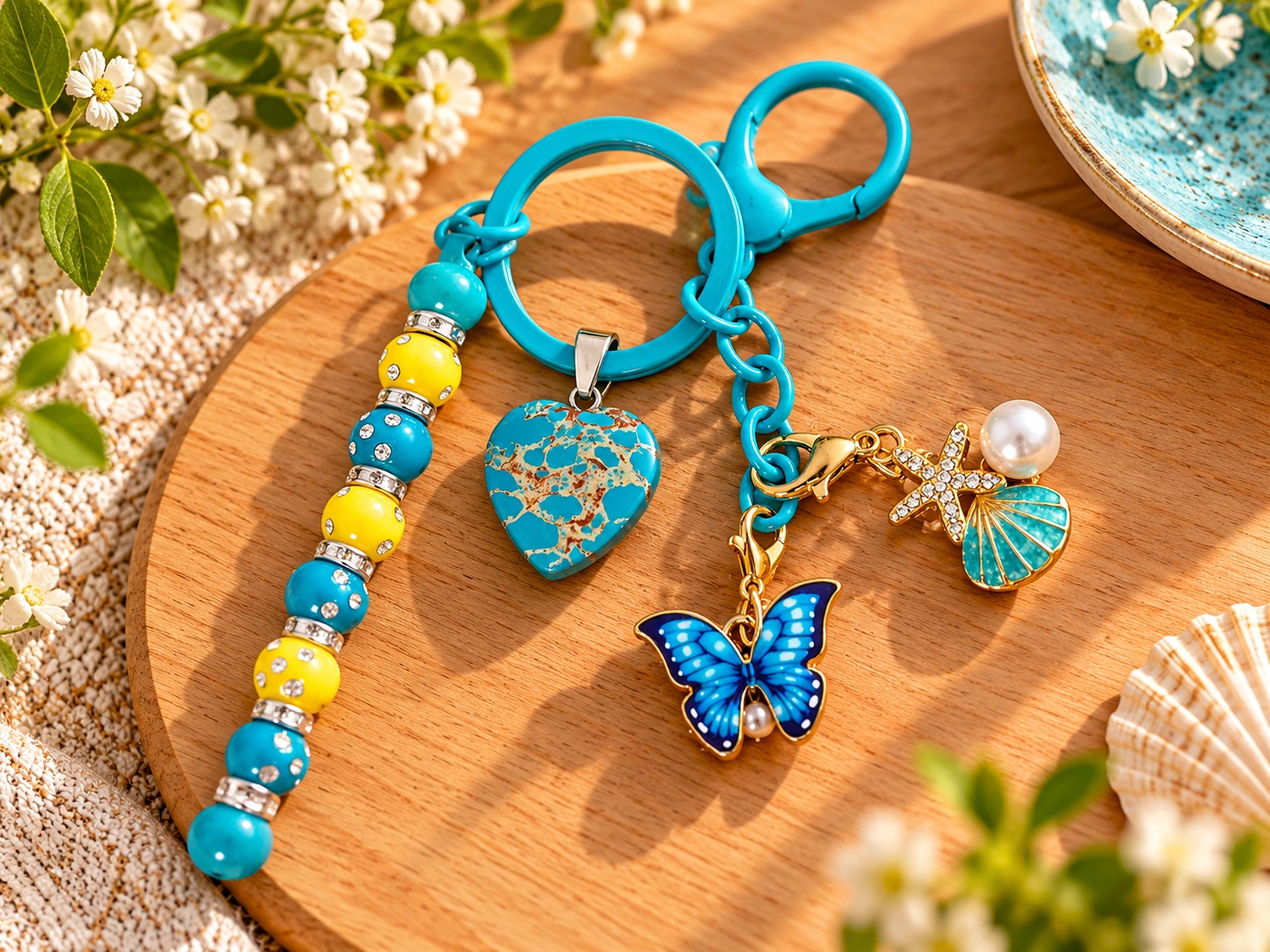 Turquoise sleutelhanger met kralen, hart, vlinder en zeebedels