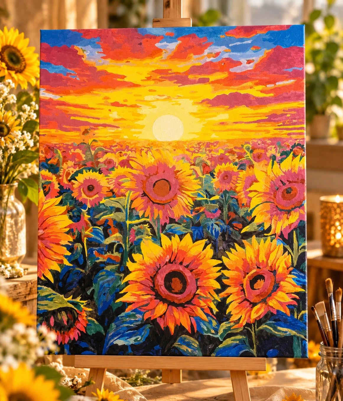 Zonnebloemen bij zonsondergang — Handgeschilderd canvas